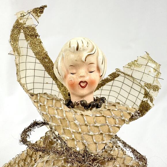 Holt Howard Ceramic Head Gold Mesh Angel Vintage MCM Christmas Tree Topper 8.5” - Picture 5 of 7